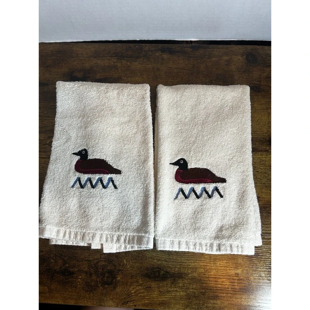 Vintage Beige Embroidered Duck Loon Hand Towels Set-2 Cannon Mills USA Cotton